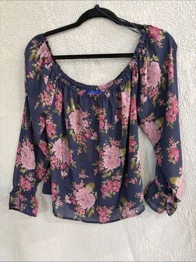 Aeropostale Navy Floral Off-Shoulder Blouse with Pink Blooms